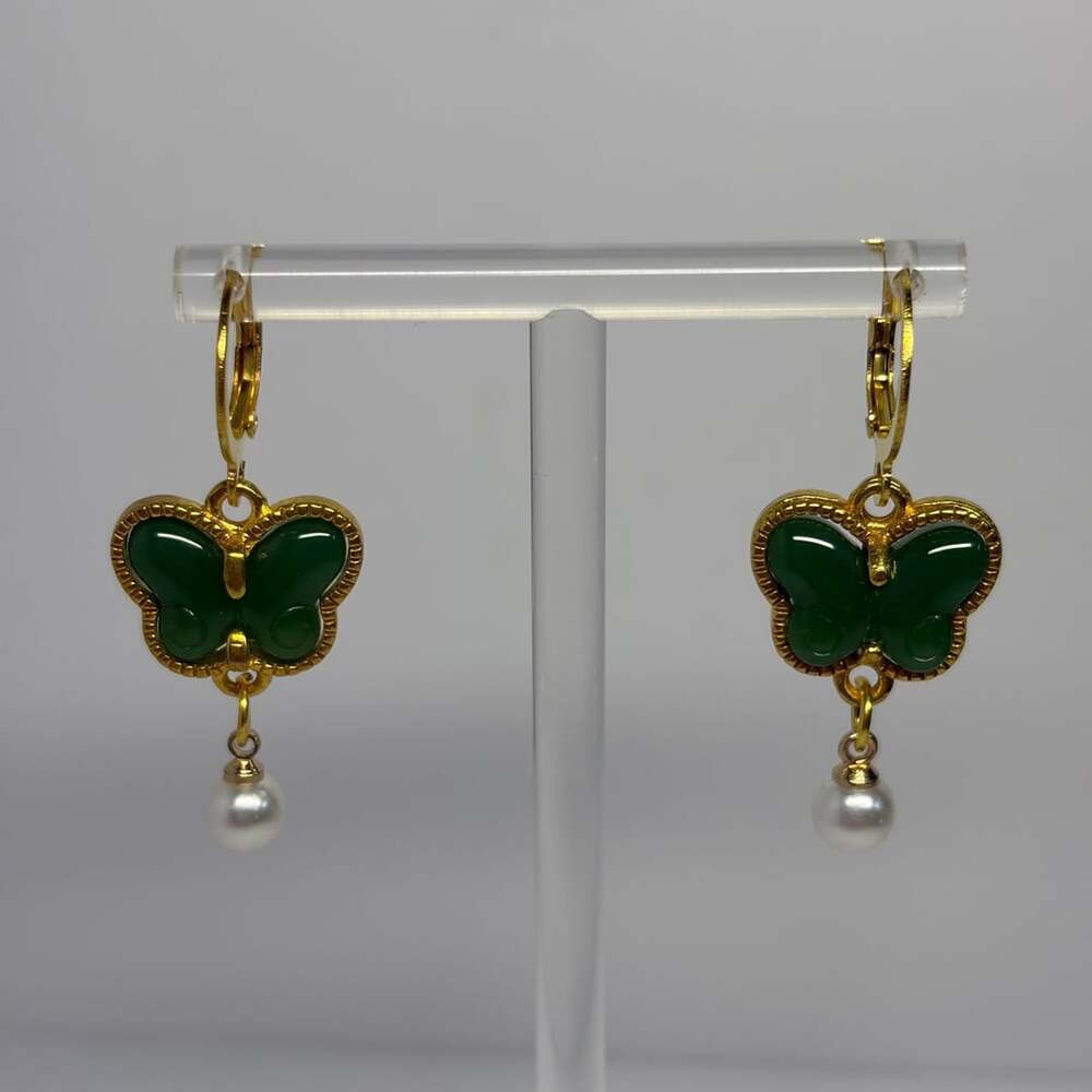 Stainless Steel Gold-Plated Green Butterfly Earrings with White Pearl Drops